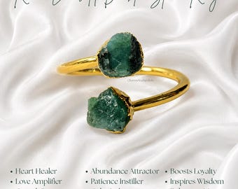 Raw Emerald Adjustable Ring, 14K Gold Plated Ring,Natural Deep Green Emerald Alternative Wedding Stacking Ring