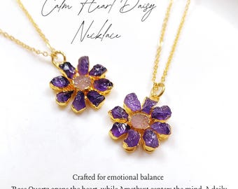Raw Gemstone Daisy Necklace, Amethyst And Rose Quartz Flower Pendant, Spiritual Boho Gift