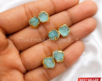 Raw Aquamarine Stud Earrings, Gold Electroplated Stud Earrings, Aquamarine Jewelry, Raw Gemstone Earrings, Women Earrings, Gift For Her