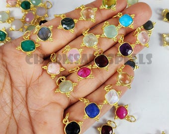 Gemstone Cushion Shape Pendant in 925 Sterling Silver- Birthstone Gold Plated Fancy Bezel Charms For Earring and Necklace- Selling Per Piece