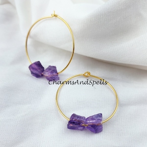Raw Amethyst Earring, Loop Earring, Gold Plated Earring, Gemstone Earring, Birthstone Earring, Handmade Earring, Women Earring, Gift For Her