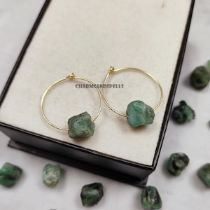 Raw Emerald Earrings, Genuine Emerald Hoop Earrings, Green Stone Hoop Jewelry, Women's Jewelry, Birthday's Gift, Organic Handmade Jewelry