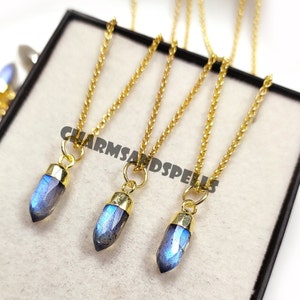 Flashy Labradorite Necklace, Labradorite Pencil Pendant, 14K Gold Plated Necklace, Labradorite Blue Fire Pendant, Women Pendant, Gift Her