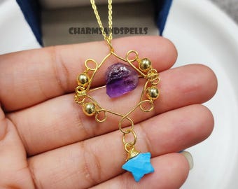 Raw Amethyst and Star Turquoise Necklace, Healing Crystal Jewelry, Handmade Gemstone Pendant, Boho Gift