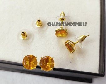 Yellow Citrine Quartz Stud Earrings, Handmade Gemstone Jewelry Gift for Women