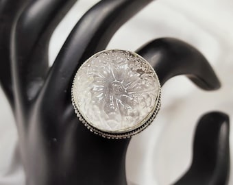 Carved Rose Quartz Gemstone Band Ring, Boho Silver Plated Brass Jewelry