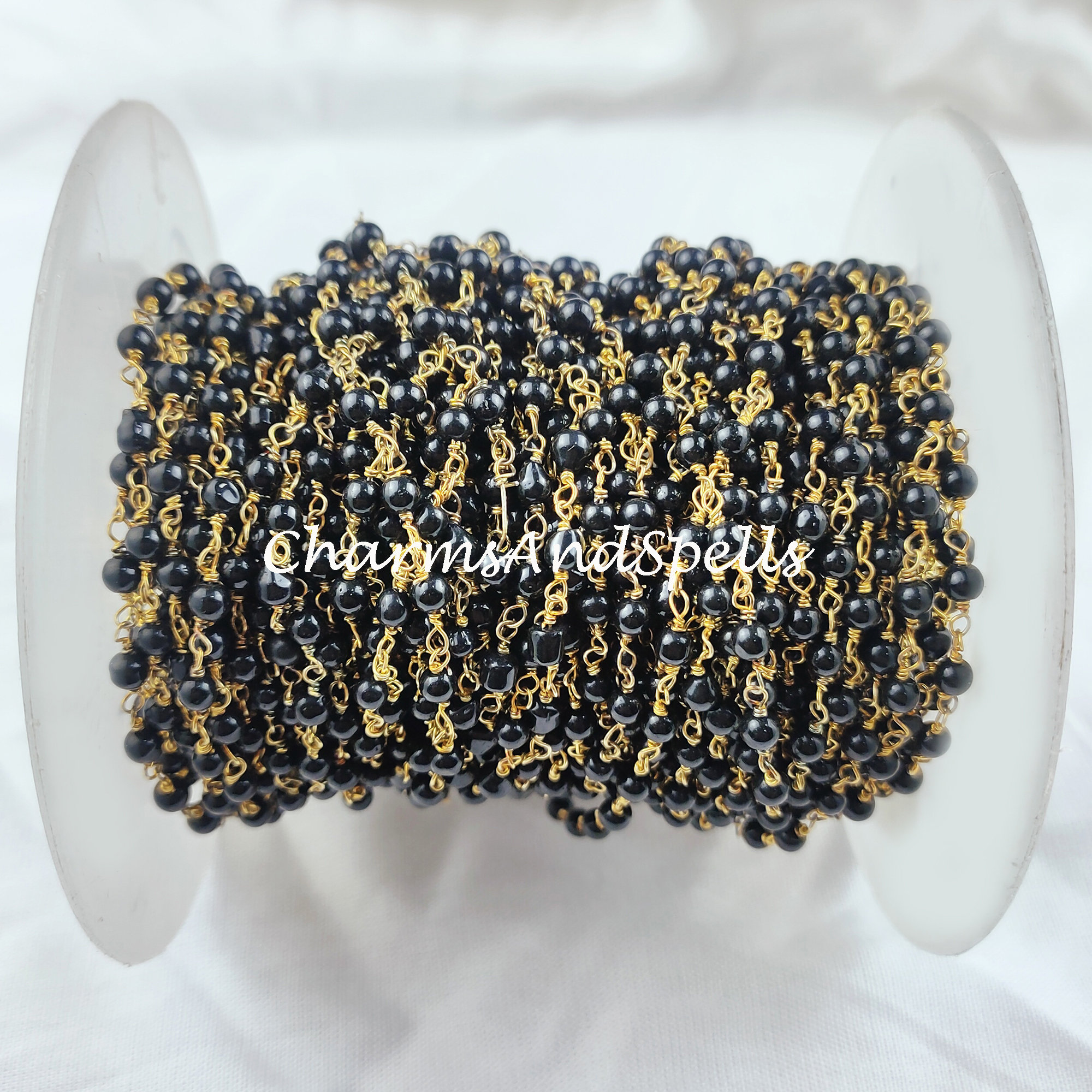 ブラックオニキスビーズロザリオチェーン 3-4mm、DIYジュエリー製作