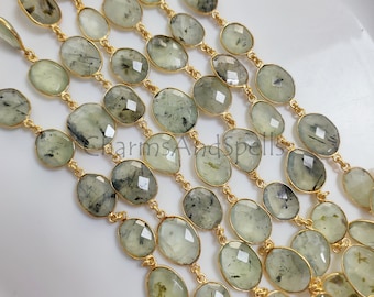 Prehnite Gemstone Bezel Link Chain, Gold Plated Bezel Connector Chain, Gemstone Connector Link Chain, DIY Necklace, Valentine Day Gifts