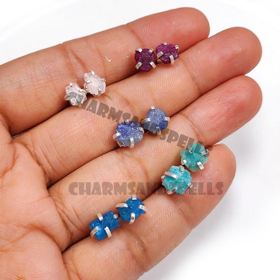 Orecchini A Perno In Argento 925 Con Gemma Grezza Naturale – Fatti A Mano, Unici, RSSE - 3