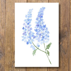 Biglietto d'auguri con fiore di delphinium dipinto a mano, formato A6, stampa istantanea — Versione testo in inglese e tedesco