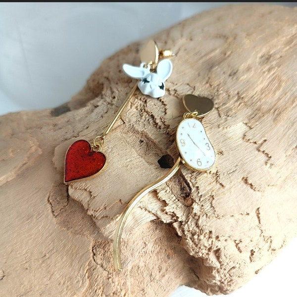 Asymmetric Love Heart, Alice, Clock, White Rabbit Mismatched Statement Earrings