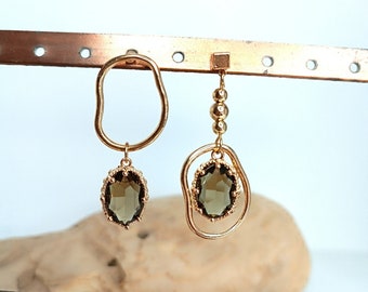 Asymmetric Statement Dangle Earrings with Crystal Stone & Gold Finish