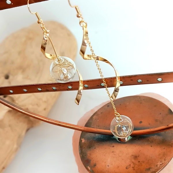 Blown Glass Globe & Spiral Drop Statement Earrings - Mismatched Asymmetric Earrings