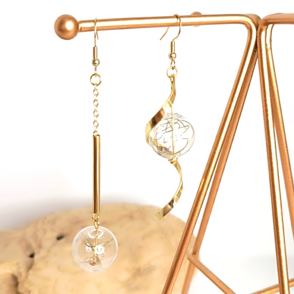 Blown Glass Globe Bubble & Spiral Drop Asymmetric Statement Earrings - Mismatched