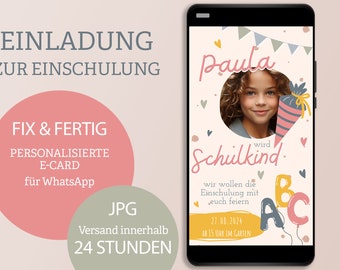 Puede incluir: Una invitación digital personalizada para el primer día de escuela de un niño en edad escolar. La invitación presenta una foto de una niña con una mochila escolar y el texto "Paula wird Schulkind." La invitación también incluye la fecha y la hora del evento, "27.01.2024 AB 15 UHR IM GARTEN".