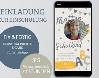 Puede incluir: Una invitación digital personalizada para el primer día de escuela de un niño. La invitación presenta una foto de un niño, el nombre "Matteo" y el texto "Schulkind" (alemán para "niño de la escuela"). La invitación está decorada con globos coloridos, corazones y banderas.