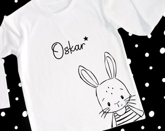 Namensshirt Kinder • Shirt Hase Kinder • personalisiertes T-shirt mit Hasenmotiv für Jungen & Mädchen • 18 Aufdruckfarben • Buckleberry's