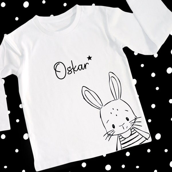 Namensshirt Kinder • Shirt Hase Kinder • personalisiertes T-shirt mit Hasenmotiv für Jungen & Mädchen • 18 Aufdruckfarben • Buckleberry's