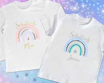 Schulkind T-Shirt als Geschenk zur Einschulung| Regenbogen | Personalisiertes T-shirt mit Aufdruck Schulkind 2024 | Langarm| Erster Schultag