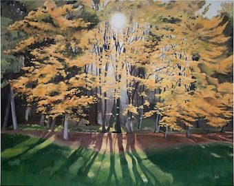 Original acrylic painting, Golden autumn, nature, stretched canvas