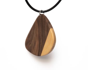 Necklace with wooden handmade pendant, two-tone, combination of two types of wood, waxed cord