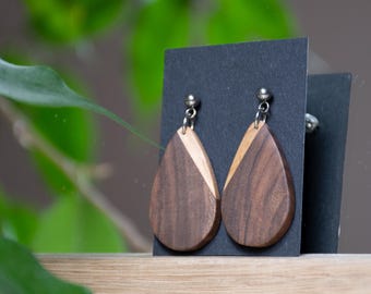 Handmade Two-Tone Wooden Earrings: Teardrop Walnut & Maple
