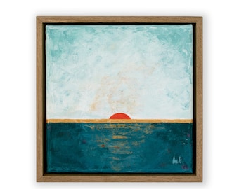 Peinture acrylique abstraite originale Coucher de soleil dans un cadre en chêne