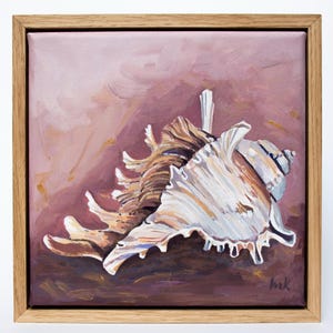 May include: A painting of two seashells on a pink background. The shells are white and brown with intricate details. The painting is signed "hk" in the bottom right corner.
