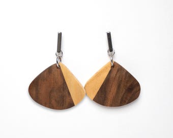 Handmade Two-Tone Wood Earrings: Walnut & Cherry, Stainless Steel