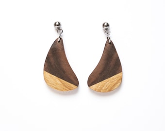 Handmade Two-Tone Wood Earrings: Walnut & Maple, Stainless Steel