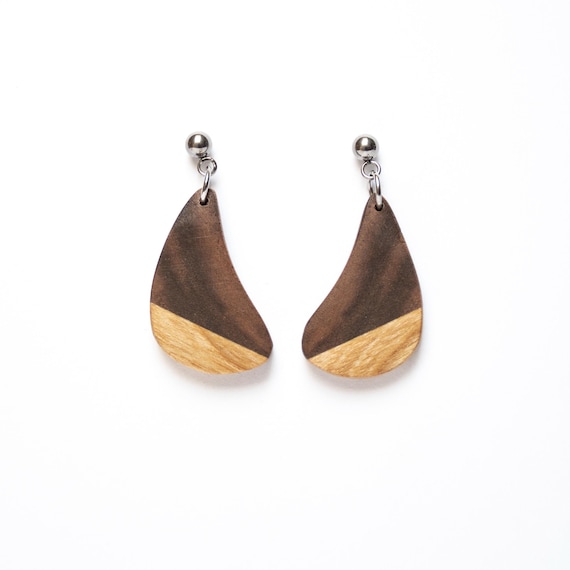 Handmade Two-Tone Wood Earrings: Walnut & Maple, Stainless Steel