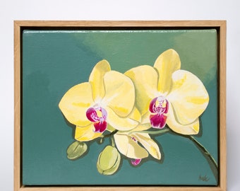 Origineel acrylschilderij Gele Orchidee in eikenhouten lijst