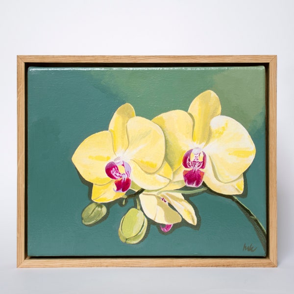 Peinture acrylique originale Orchidée jaune dans un cadre en chêne