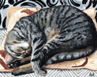 Impresión de gato durmiendo: pintura acrílica digital, regalo para amantes de los gatos
