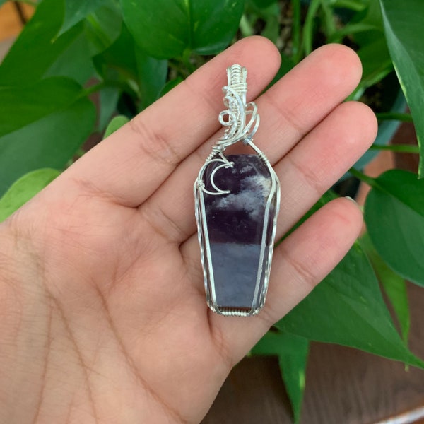Purple Agate coffin wrapped in sterling silver wire pendant
