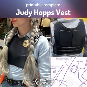 Może przedstawiać: Czarna kamizelka Judy Hopps, część cosplayu, ze złotą odznaką. Obraz zawiera schemat z instrukcjami montażu kamizelki. Tekst na obrazie brzmi "printable template Judy Hopps Vest".