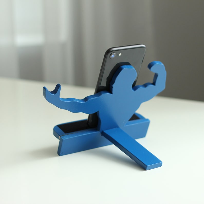 Bodybuilder Phone Holder, Wooden Mobile Phone Stand, Blue Desk Phone or Tablet Holder, Wooden