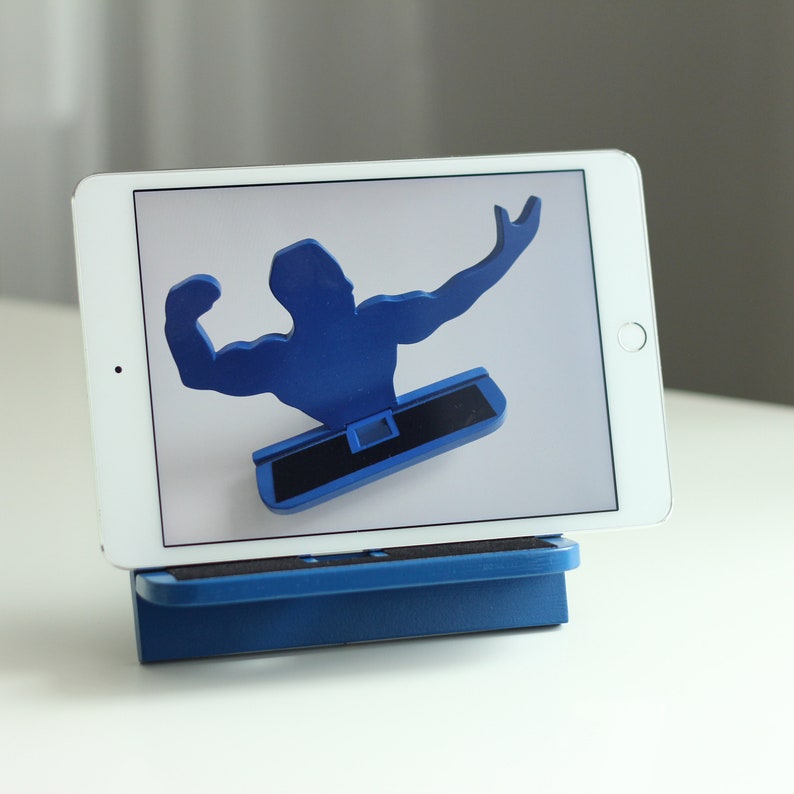 Bodybuilder Phone Holder, Wooden Mobile Phone Stand, Blue Desk Phone or