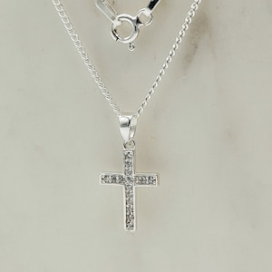 925 Sterling Silver Small Cross Pendant | CZ Tiny Cross Necklace | 20 Inch | 10mmx16mm | Brand New