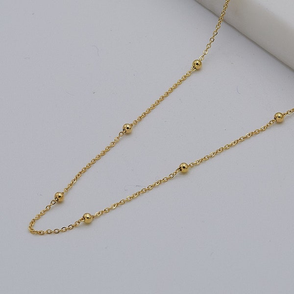 Chaîne de perles boule en or jaune 9 carats de 1 mm | Collier de perles à trace plate pour femmes | 16", 18", 20", 22", 24", neuf dans un coffret cadeau.