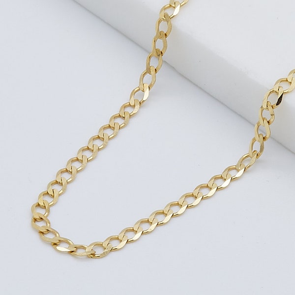 Real 9ct Yellow Gold 3mm Curb Chain | 375 Gold Flat Curb Necklace | Men&Women 3mm Curb Chain | 16" 18" 20" 22" 24" Brand New