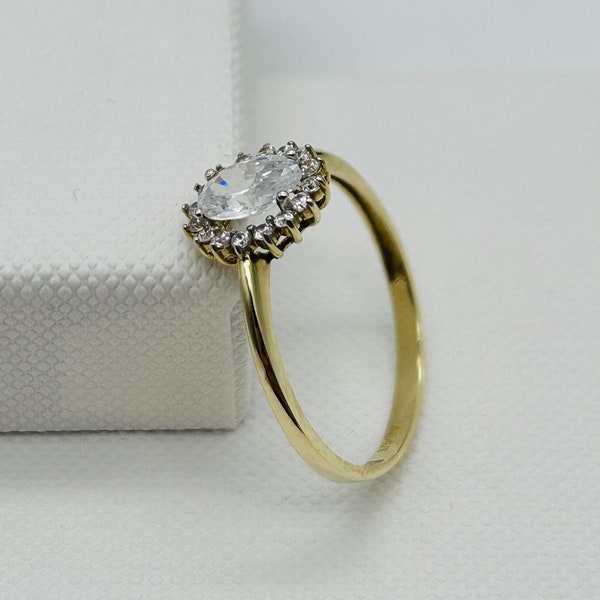 Genuine 9ct Yellow Gold Halo Engagement Ring | Vermeil Diamond Oval Wedding Ring | CZ Promise Ring | J to S All Sizes