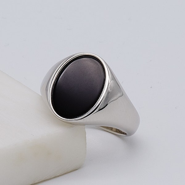 Chevalière pour homme en argent sterling 925 | Chevalière ovale en pierre d'onyx | Bague pierre noire | Tout neuf de O à Z TOUTES LES TAILLES