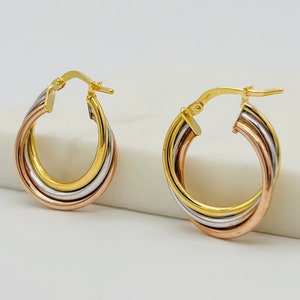 9ct Yellow Gold Russian Twisted Hoop Earring | Tri Color Hoop Earring | White&Rose Gold Round Twist Hoop | 18mm Brand New