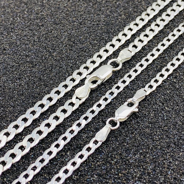 Gourmette 3 mm-4 mm en argent sterling 925 | Collier gourmette plat léger | Tout neuf | 16"-24" Disponible | Chaîne simple de haute qualité,