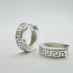 925 Sterling Silver 15mm Greek Key Huggie Earring | Greek Pattern Hinged Earring | Single, Pair