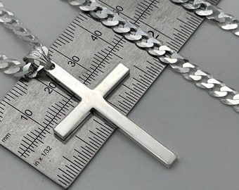 925 Sterling Silver Large Cross Pendant | Plain Cross Pendant Necklace | 18" to 24" Curb Chain | 26mmx44mm | Brand New
