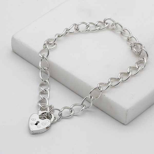 Bracelet cadenas coeur femme en argent sterling 925 | Bracelet à maillons ovales de 4 mm | Bracelet cadenas uni fantaisie de 7,5 pouces | Tout neuf