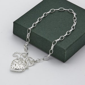 925 Sterling Silver Women 4MM Heart Bracelet | Padlock Charm Open Link Bracelet | Heart Charm Belcher Link Bracelet | 7.5 Inch| Brand New