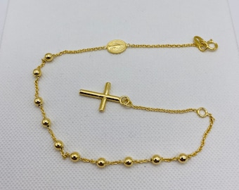 9ct Yellow Gold Rosary Round Bead Bracelet | 375 Hallmarked Gold Women Cross Bead Bracelet | Brand New 7.5 Inch